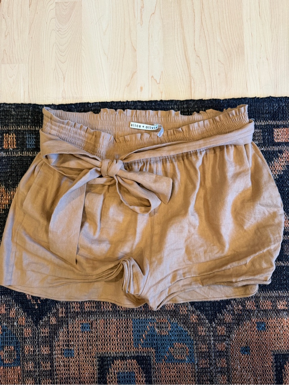 Alice + Olivia Tan High-Waist Paperbag Tie Shorts